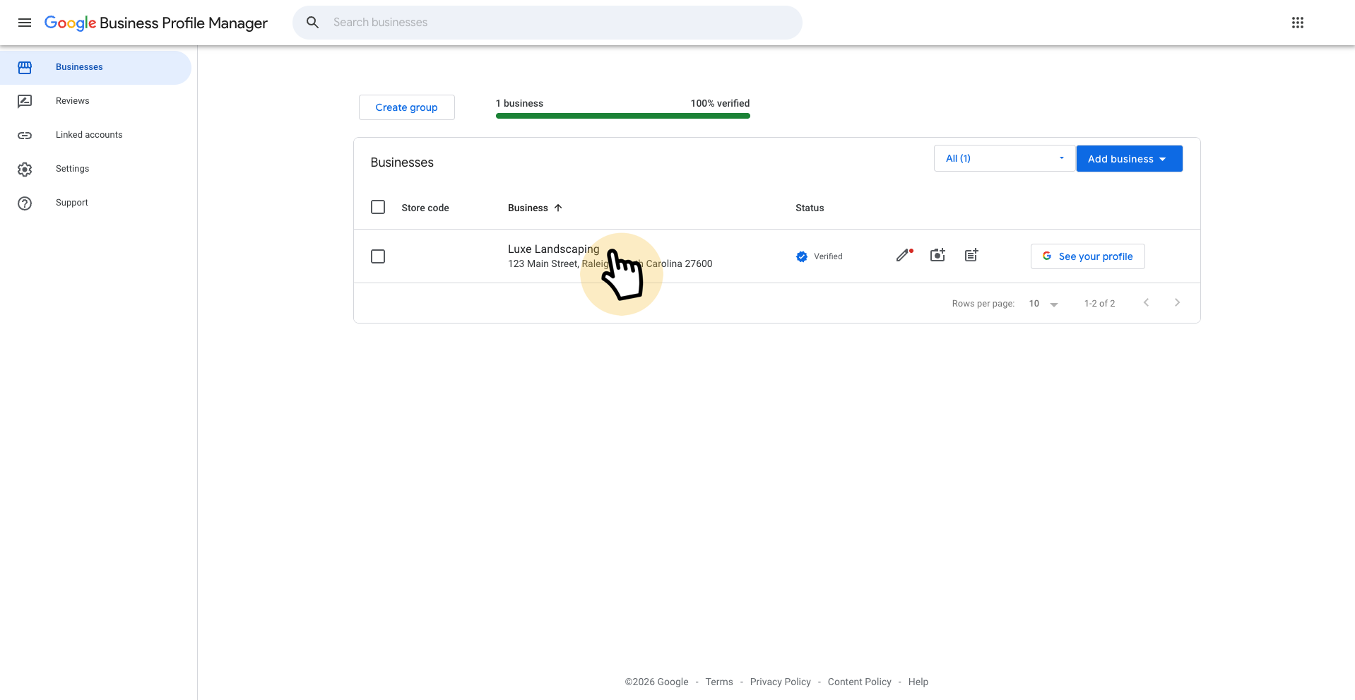 Selecting your business from the list