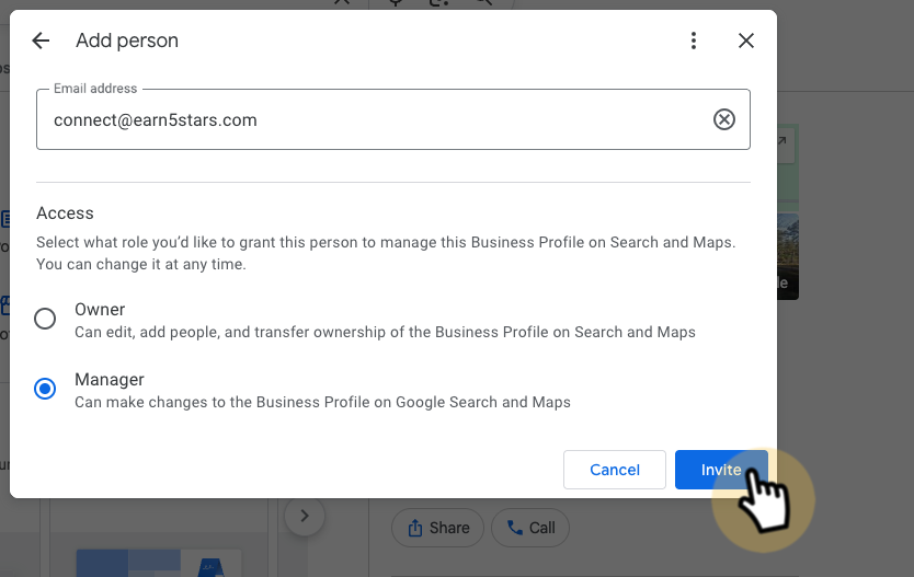 Selecting Manager and clicking Invite