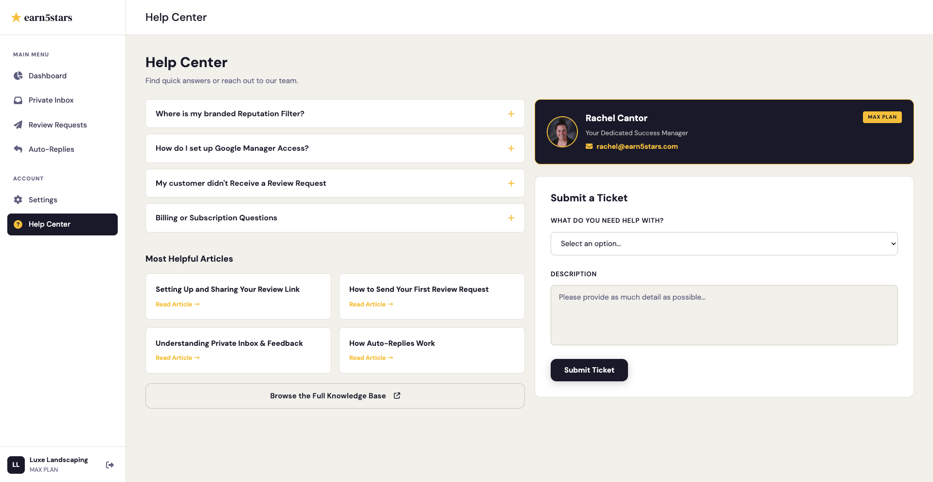 Screenshot of the Submit a Ticket form in the Help Center