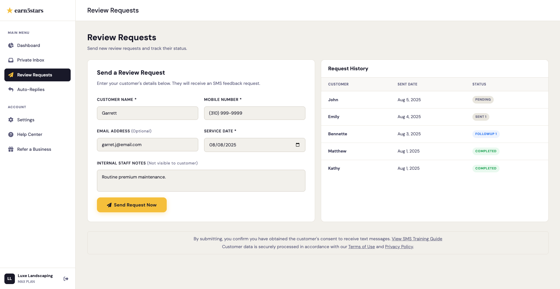 Screenshot of the Send Review Request form
