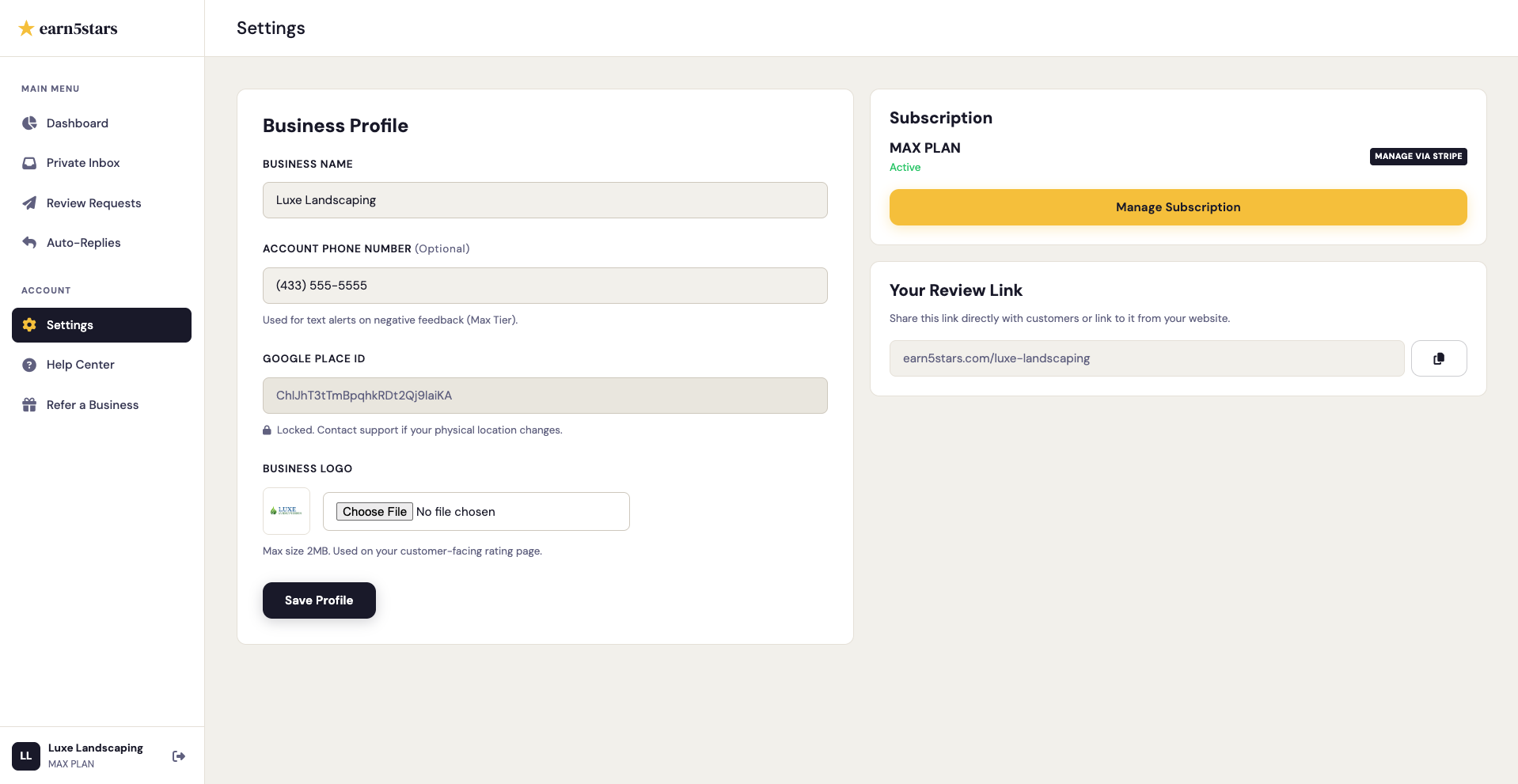 Screenshot of the logo upload section in Settings