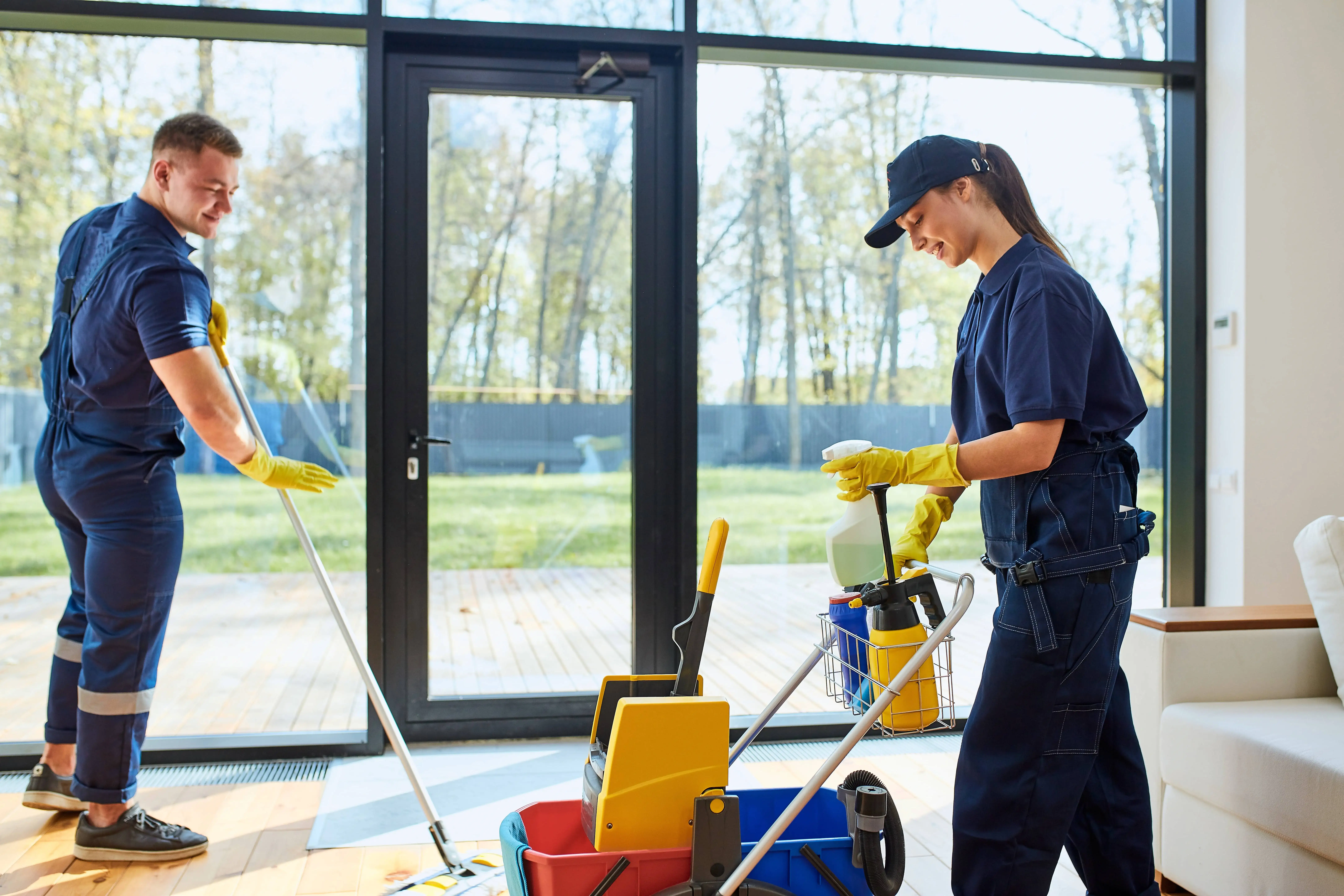 Professional house cleaner wiping a kitchen counter